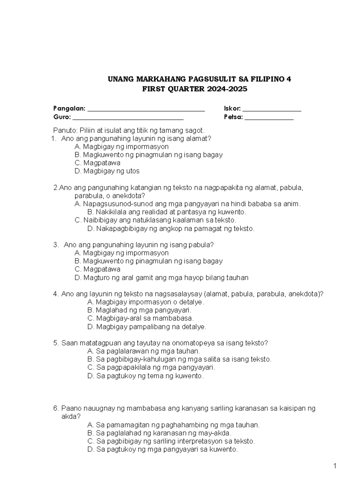 Q1-PT- Filipino-4- Matatag ok - UNANG MARKAHANG PAGSUSULIT SA FILIPINO ...