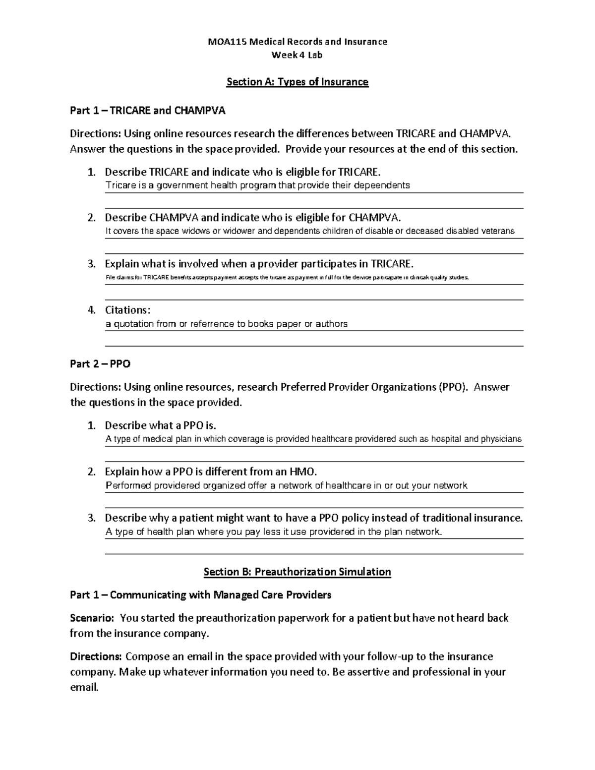 Week 4 Online Lab - MOA115 Medical Records And Insurance Week 4 Lab ...