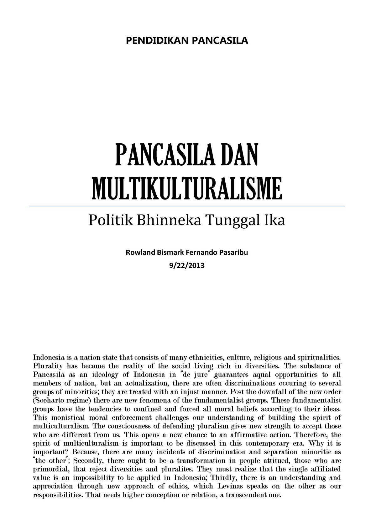 Bab 12 Pancasila Dan Multikulturalisme - Politik - Studocu