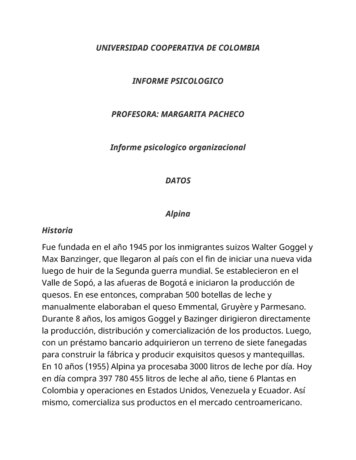 Informe Psicologico Organizacional Universidad Cooperativa De Colombia Informe Psicologico 4591