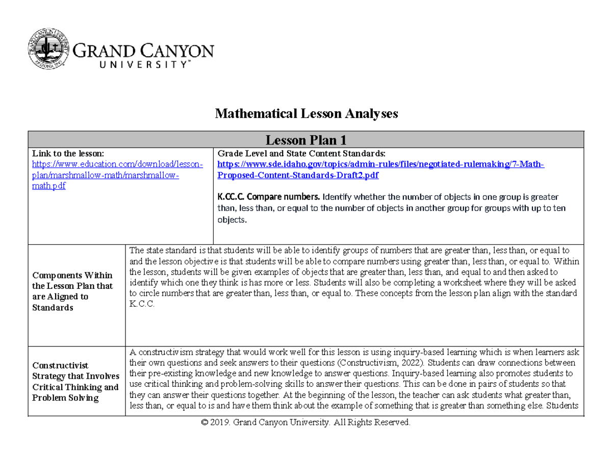 Week 2 Assignment - Mathematical Lesson Analyses Lesson Plan 1 Link to ...