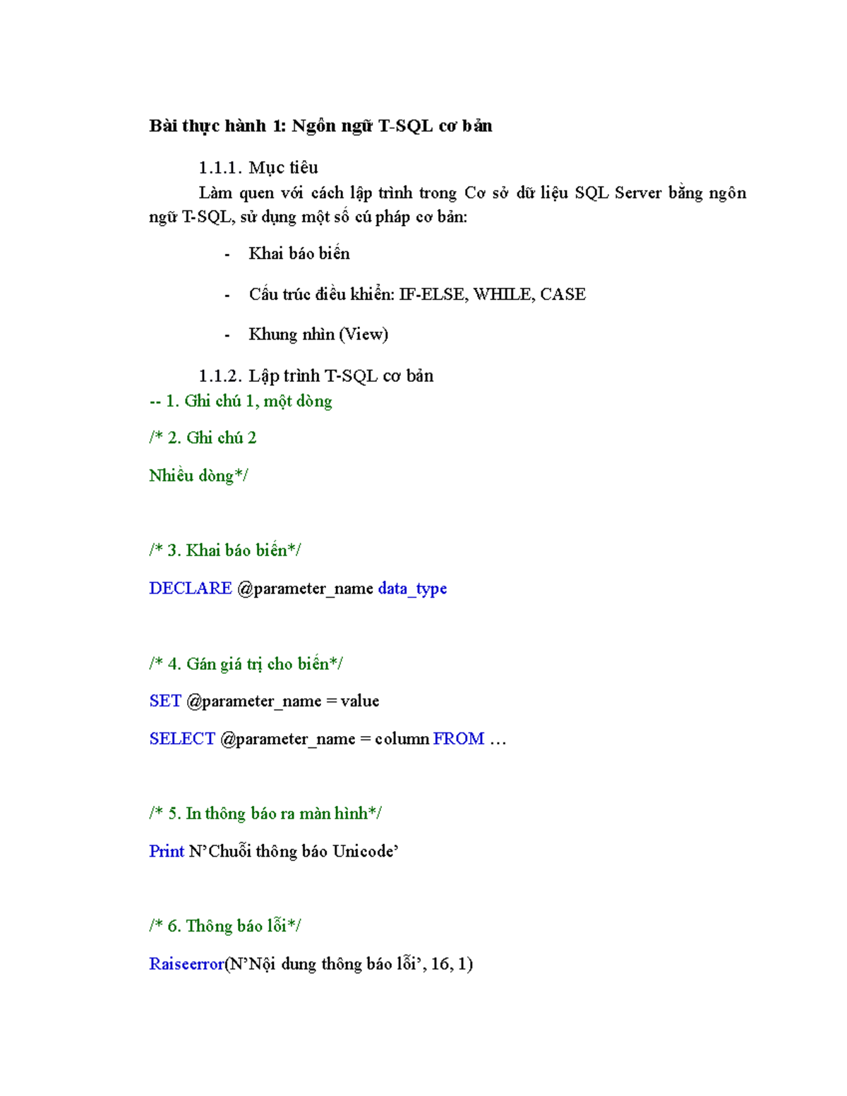 [ Ltcsdl]T SQL-Script full - Bài thực hành 1: Ngôn ngữ T-SQL cơ bản 1.1 ...