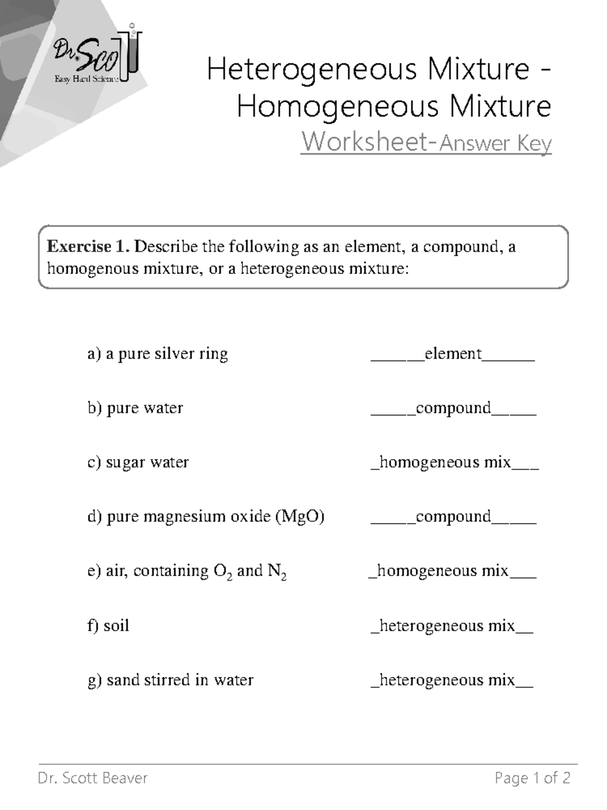 Heterogeneous Mixture Homogeneous Mixture Worksheet Answer Key Dr Scott Beaver Page 1 Of 2