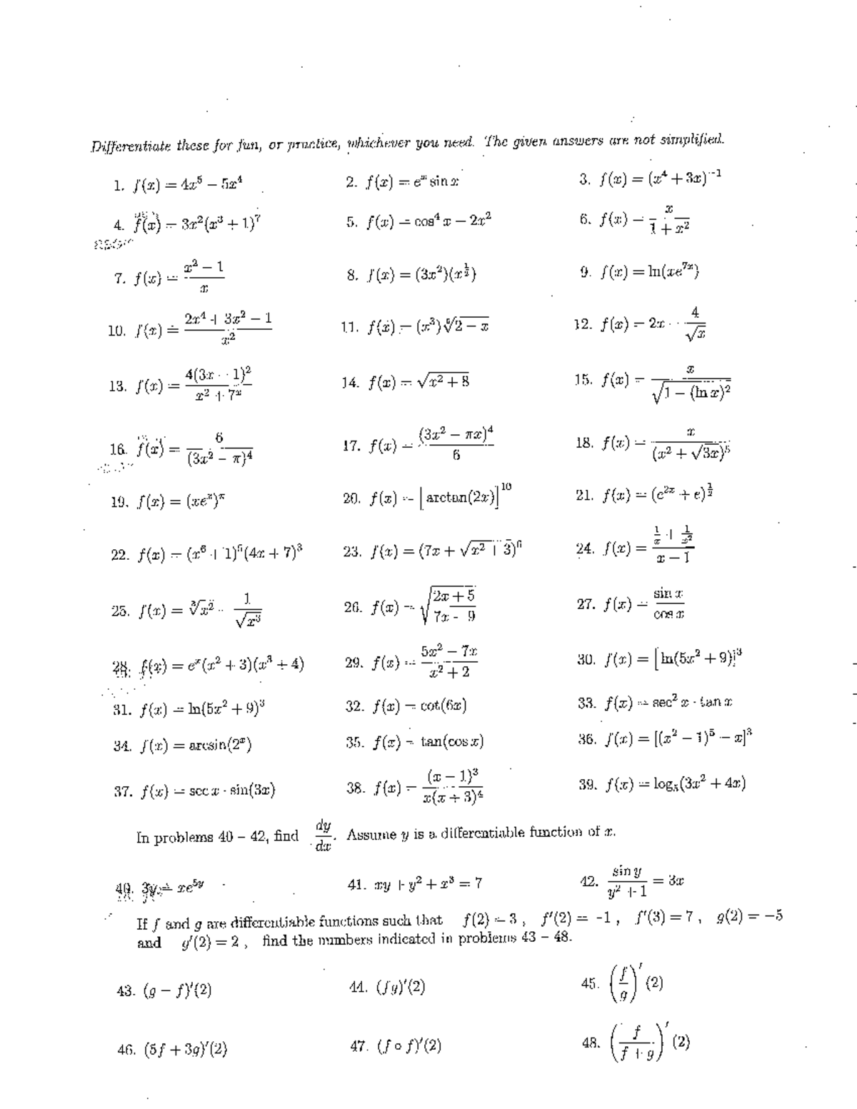 Derivative Practice - MATH 053 - Studocu