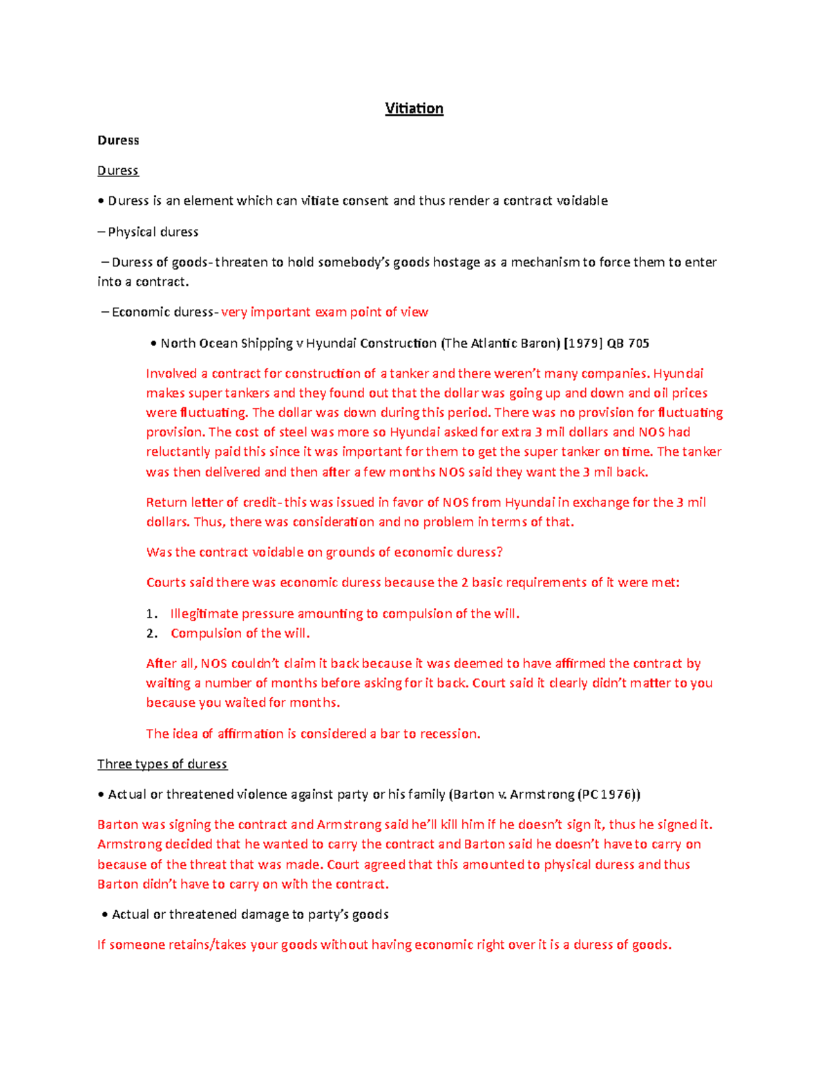 Misrepresentation Vitiation Duress Duress Duress is an element which