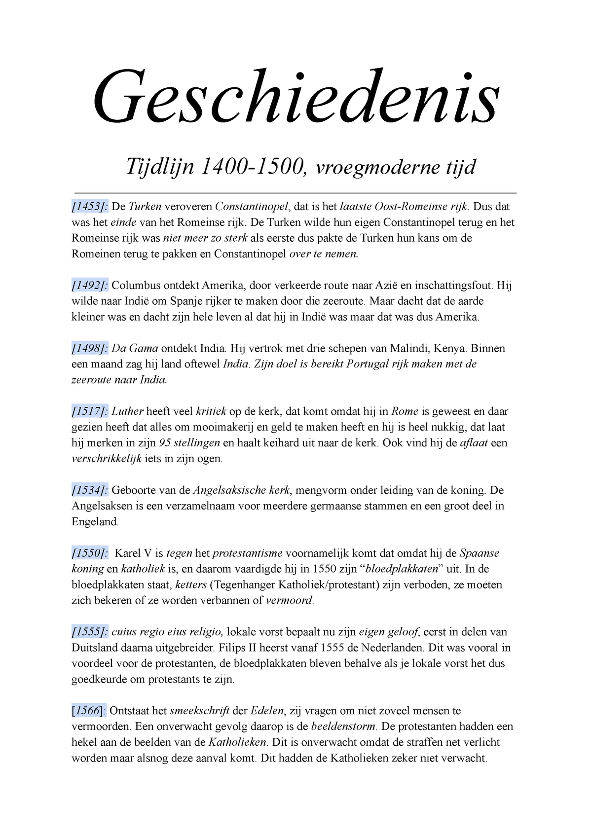 Tijdlijn Gs H5 - ..... - Geschiedenis Tijdlijn 1400-1500, Vroegmoderne ...