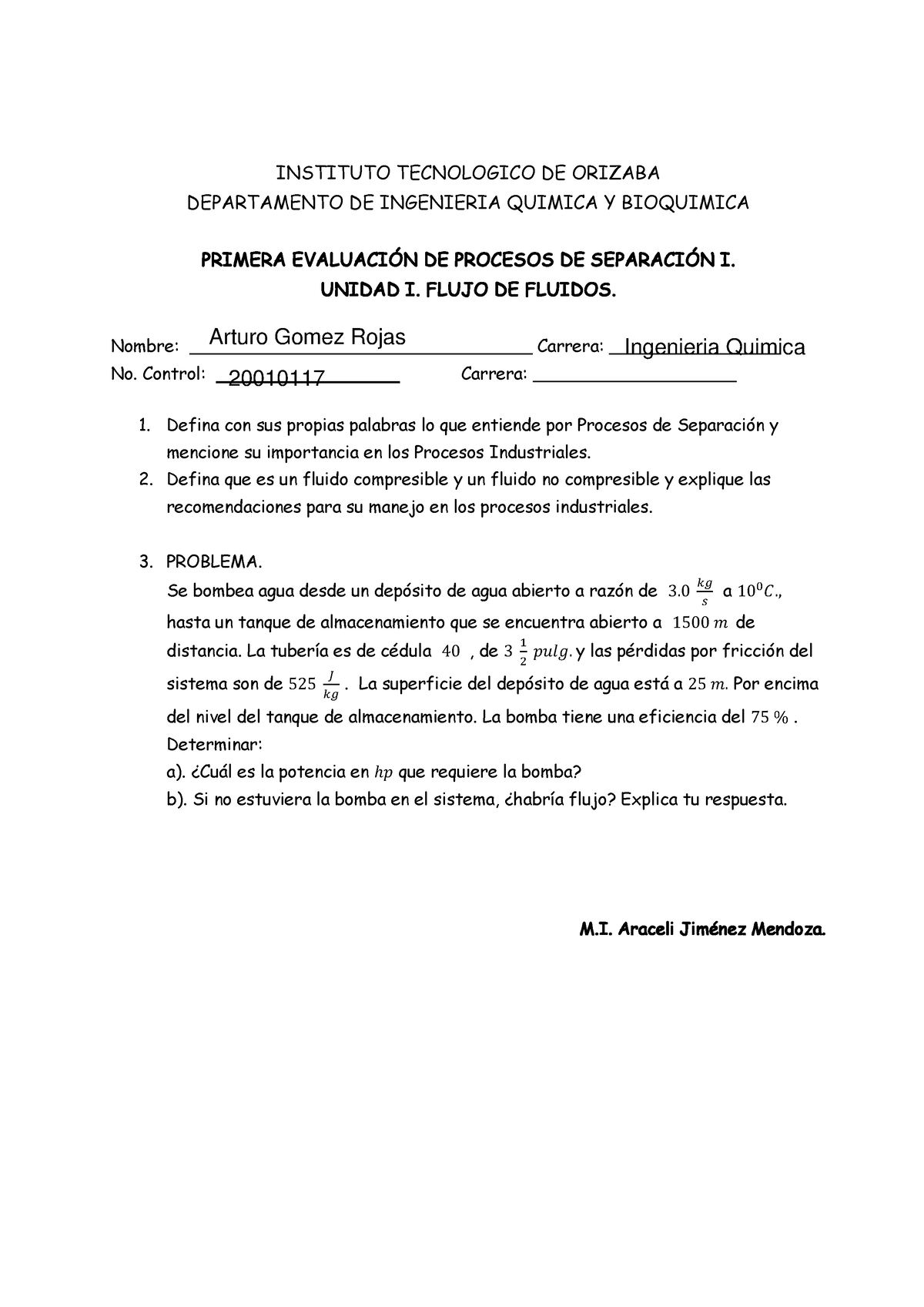 Examen DE Procesos DE Separacion Unidad 1 - INSTITUTO TECNOLOGICO DE ...