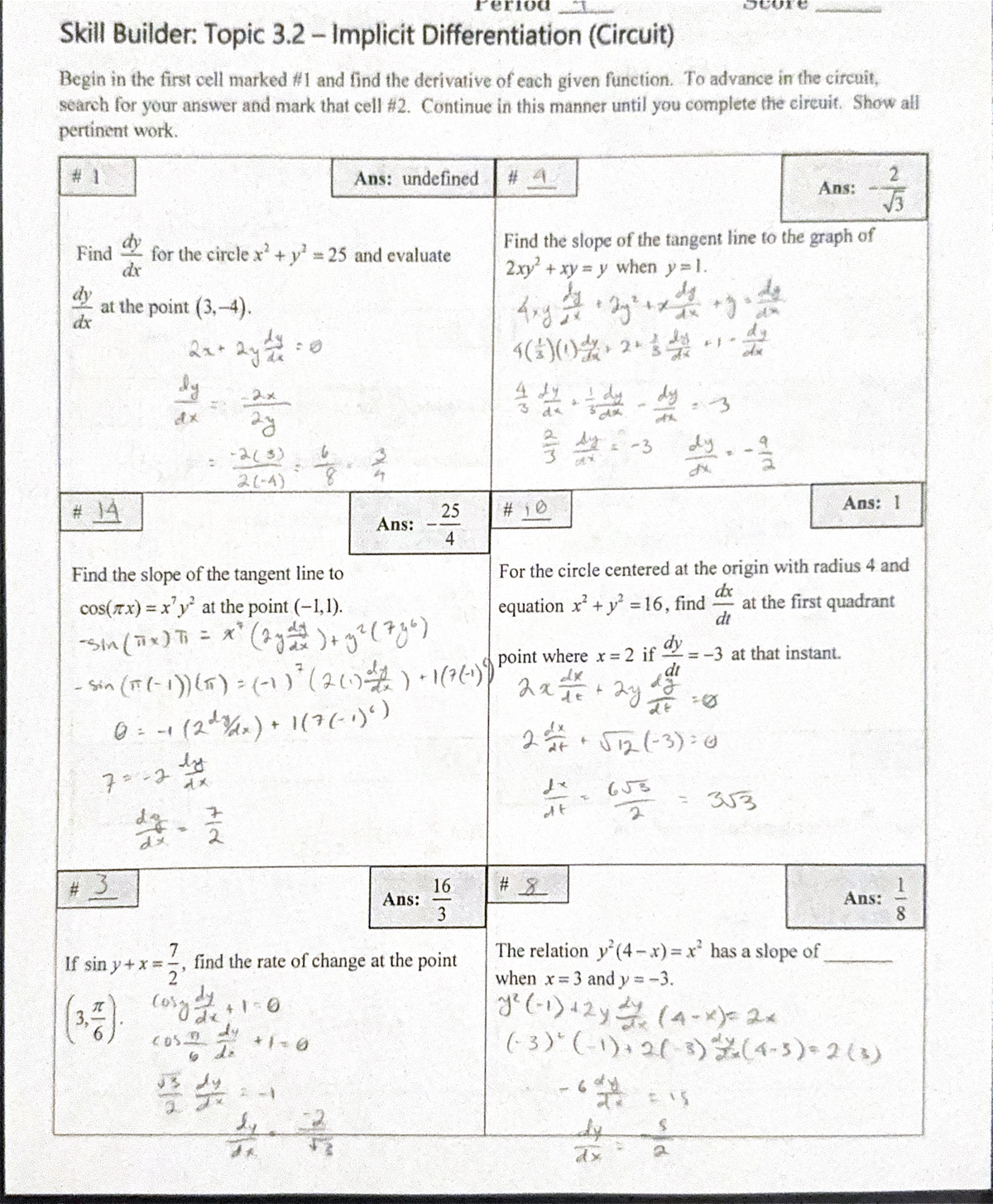 3.2 implicit differentiation circuit - Period The score Skill Builder ...