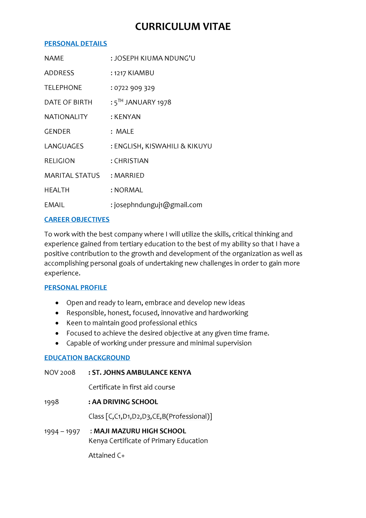 Curriculum Vitae Joseph - CURRICULUM VITAE PERSONAL DETAILS NAME ...