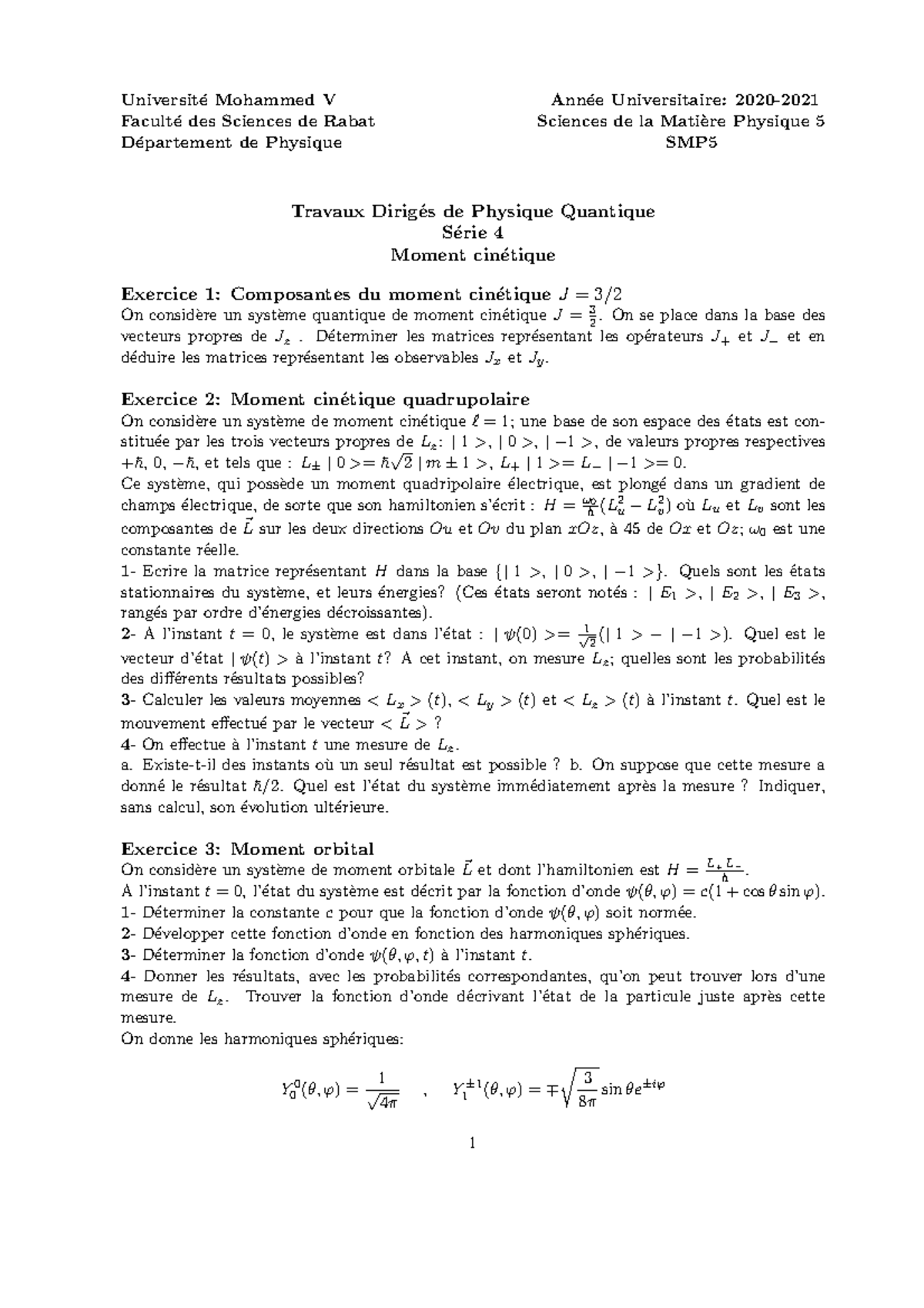 TD de Physique Quantique série 4 - Universit ́e Mohammed V Ann ́ee ...