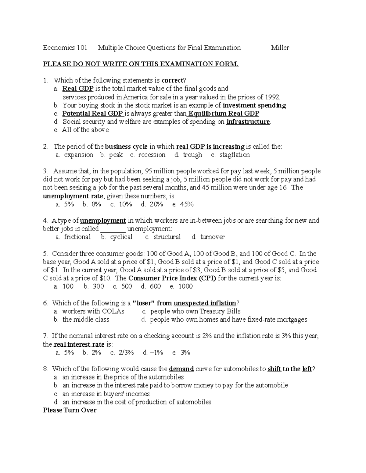 101oldfinal - final exam - Economics 101 Multiple Choice Questions for ...
