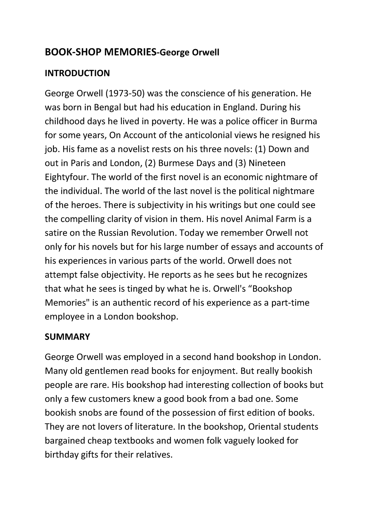 george orwell bookshop memories essay