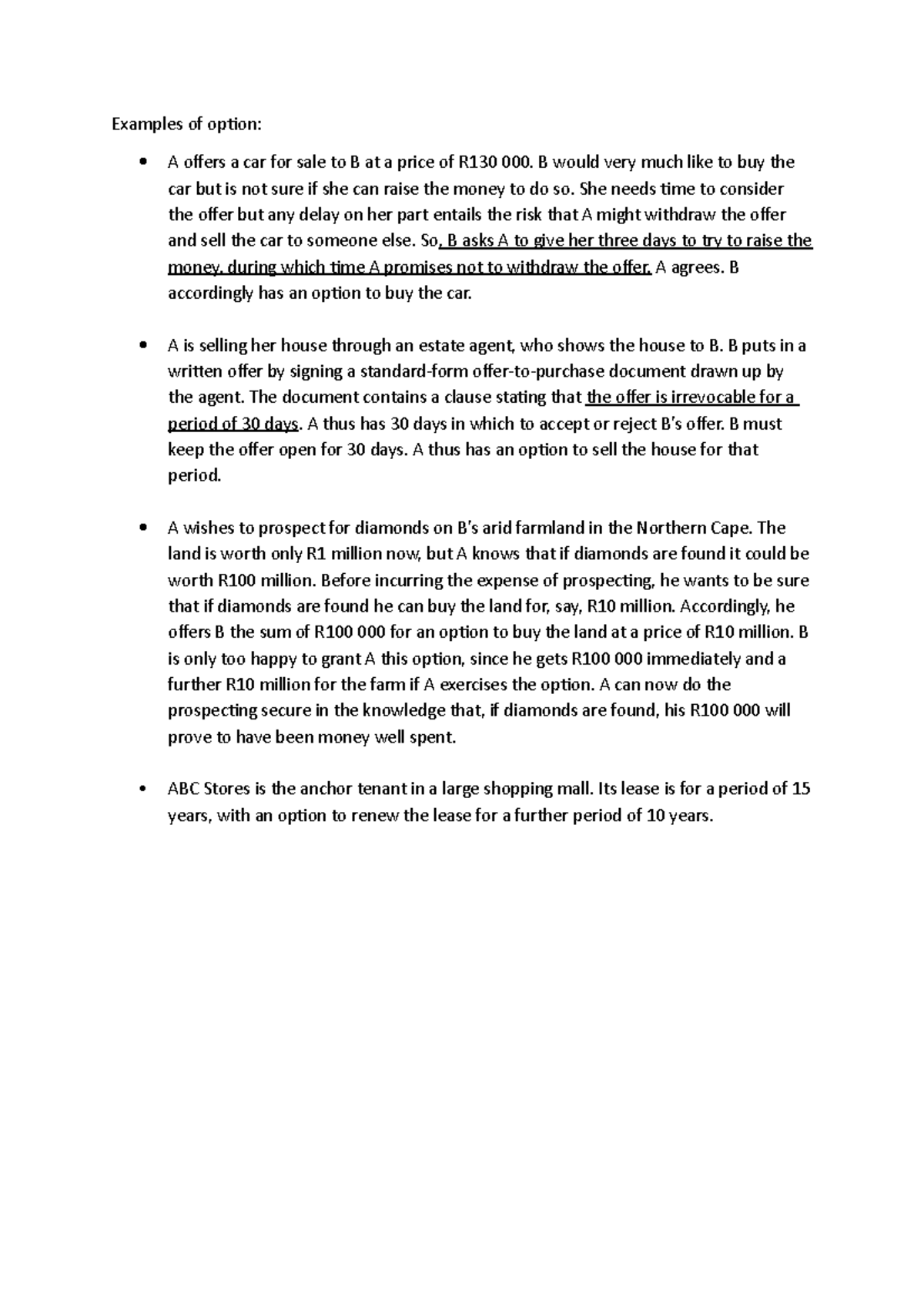 Examples of an option - LAWP3CT - UKZN - Studocu