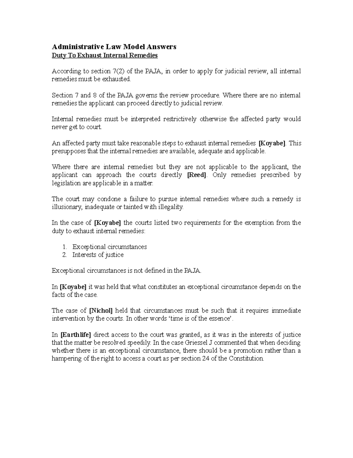 Administrative Law Model Answers Duty To Exhaust INternal Remedies