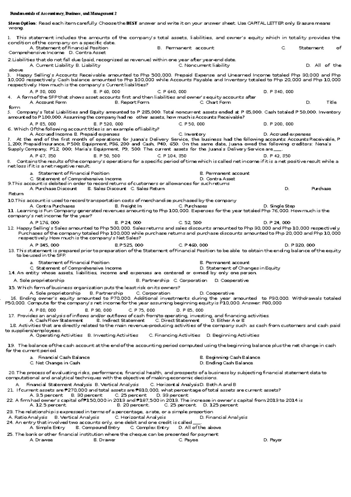 Diagnostic test fabm 2 - fabm2 - Fundamentals of Accountancy, Business ...