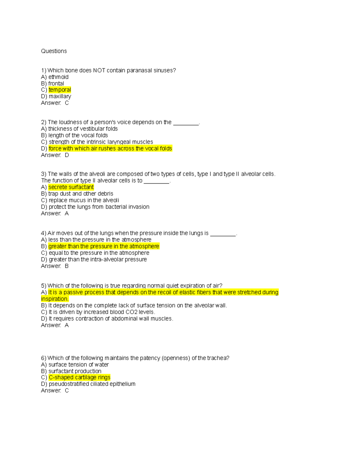 Respiratory System Practice Questions - Questions Which bone does NOT ...