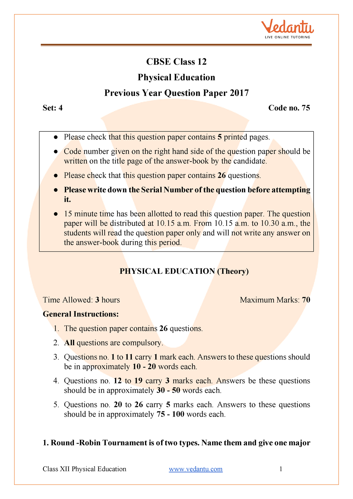 CBSE Class 12 Physical Education Question Paper 2017 - CBSE Class 12 ...