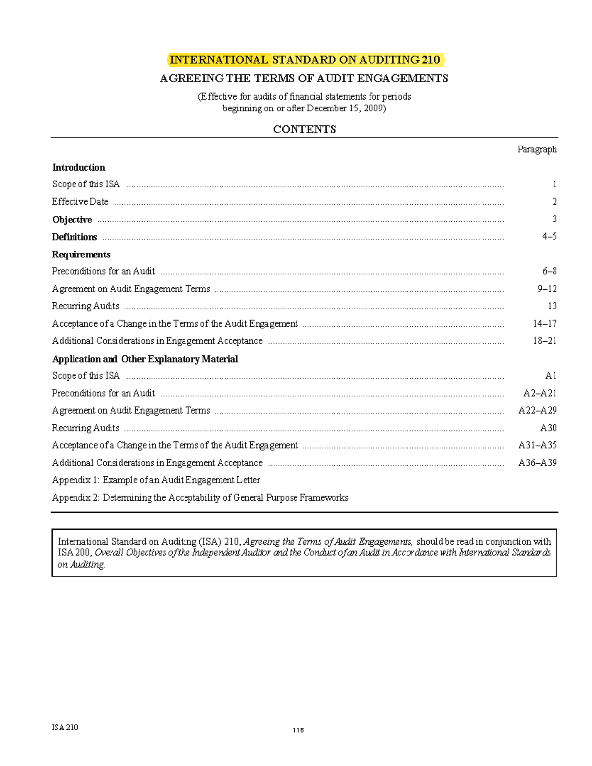 Audit lecture notes - ISA 210 INTERNATIONAL STANDARD ON AUDITING 210 ...