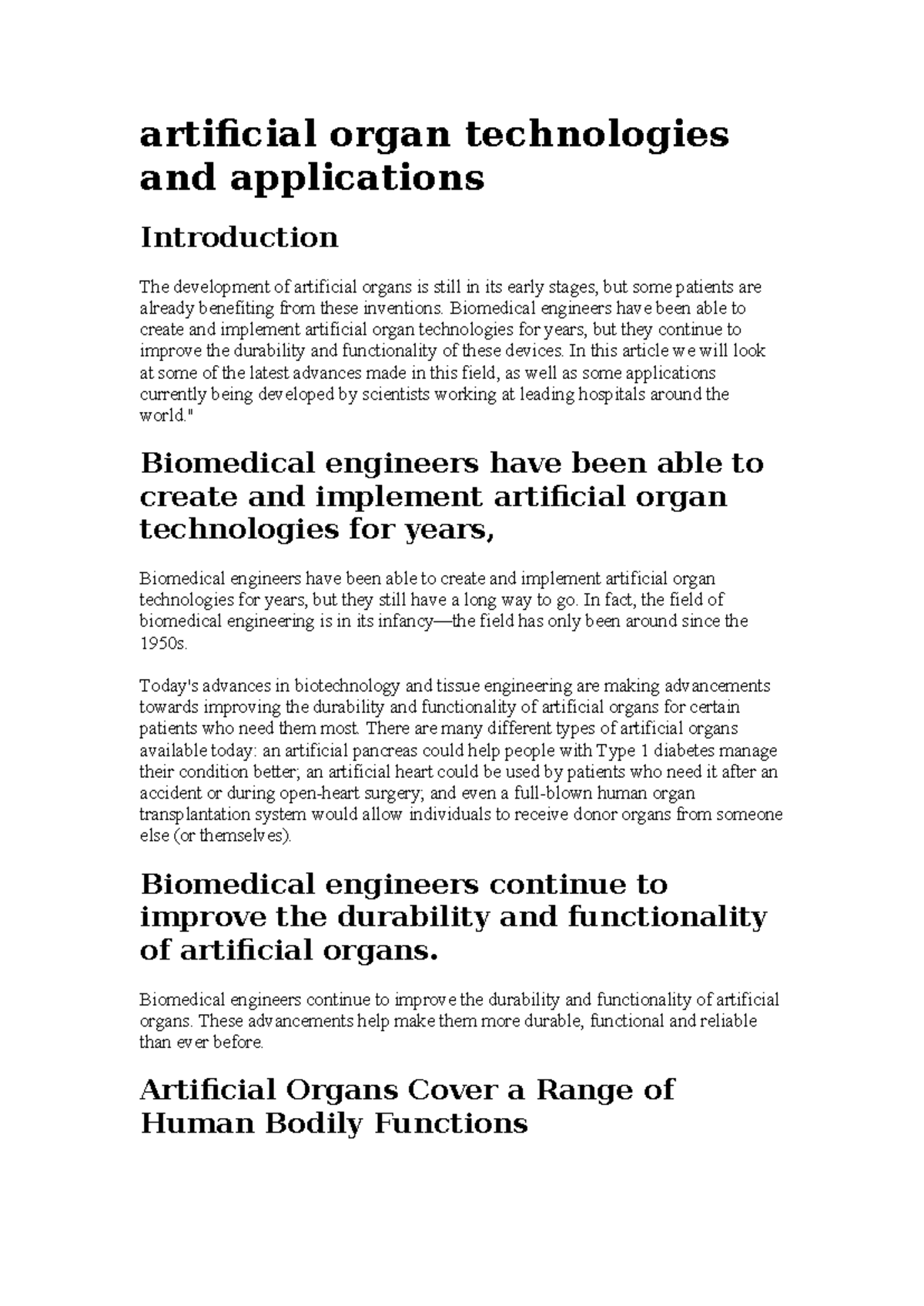 Artificial organ technologies and applications - artificial organ ...