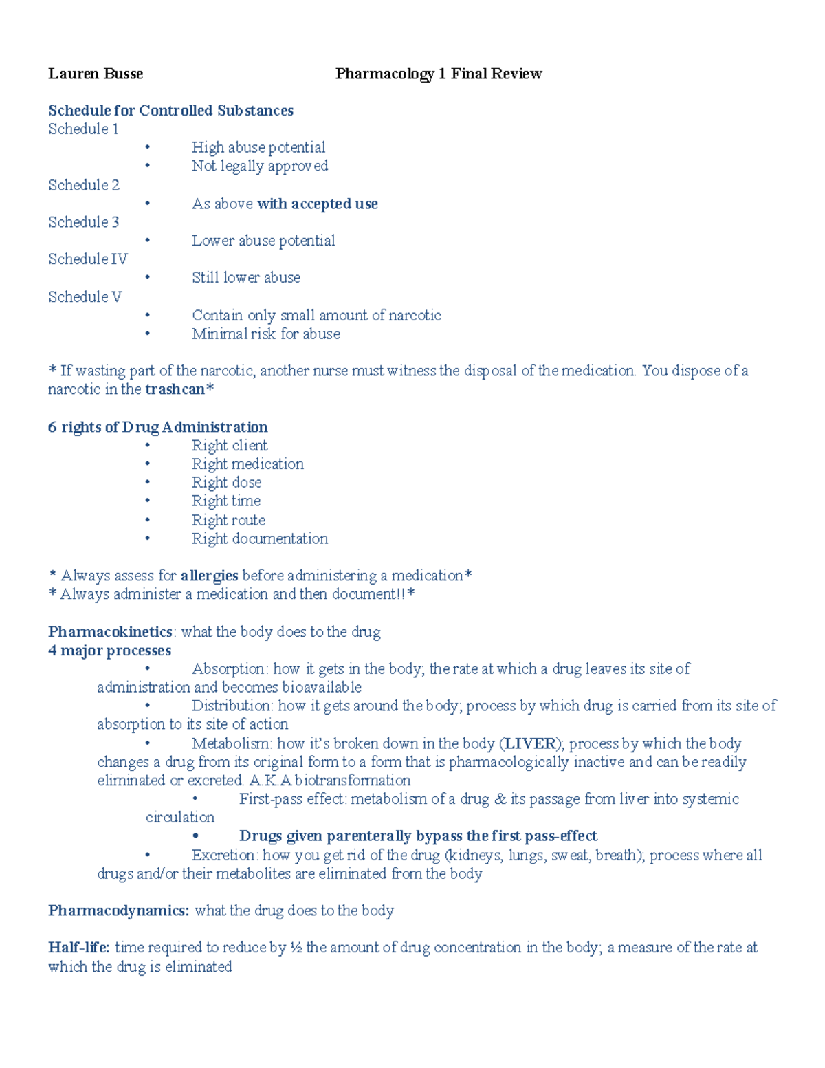 Pharm 1 Final Review copy - Lauren Busse Pharmacology 1 Final Review ...