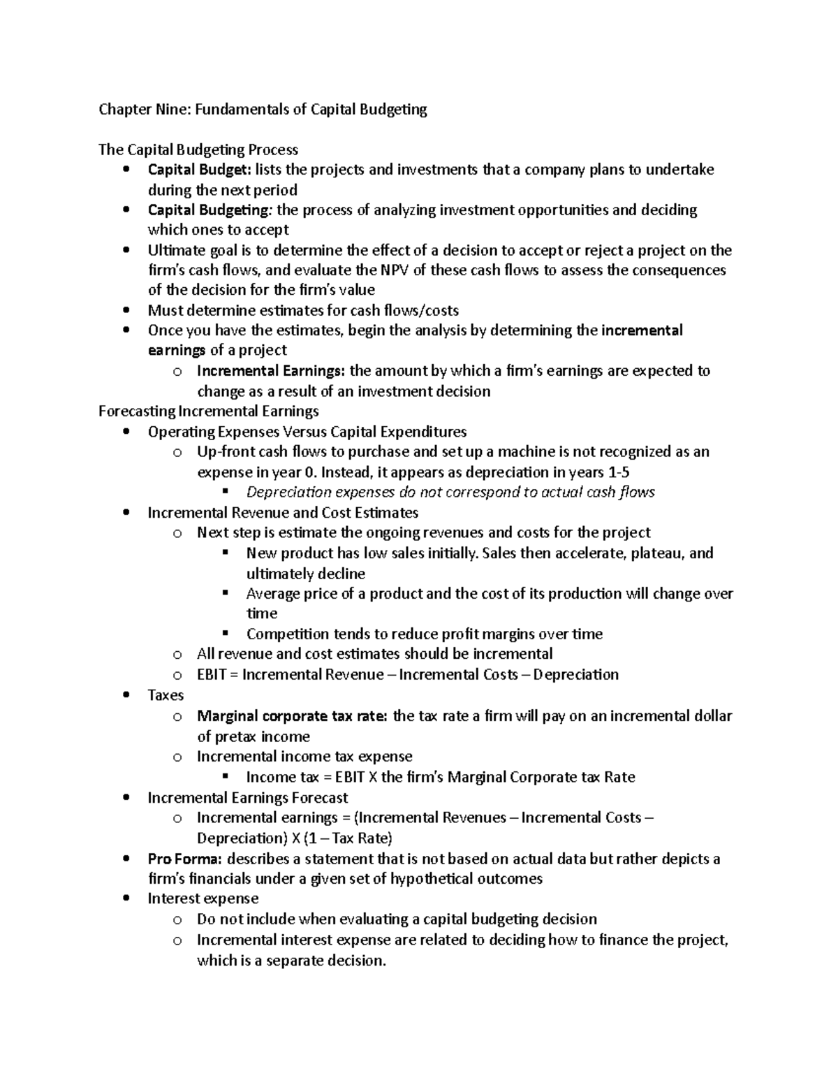 Finance Chapter 9 Capital Budgeting - Chapter Nine: Fundamentals of ...