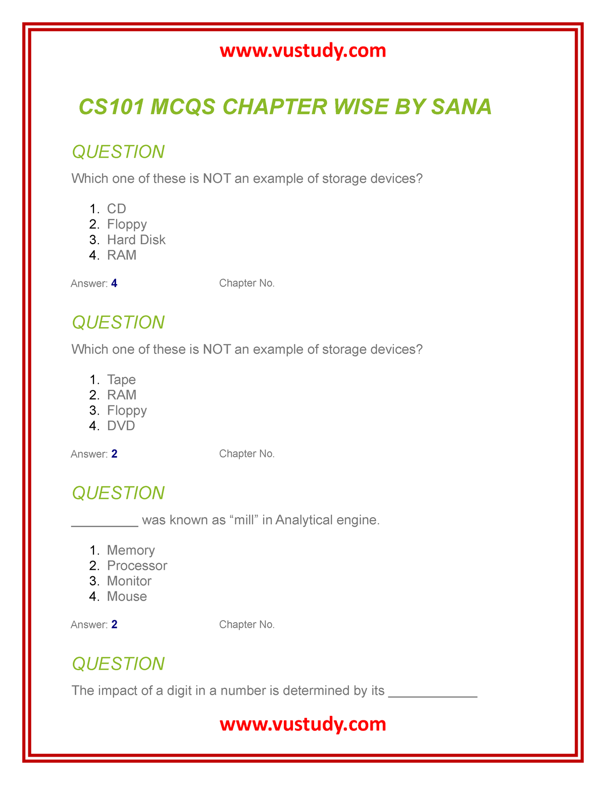 Cs101 Solved Mcqs Chapter Wise By Sana - CS101 MCQS CHAPTER WISE BY ...