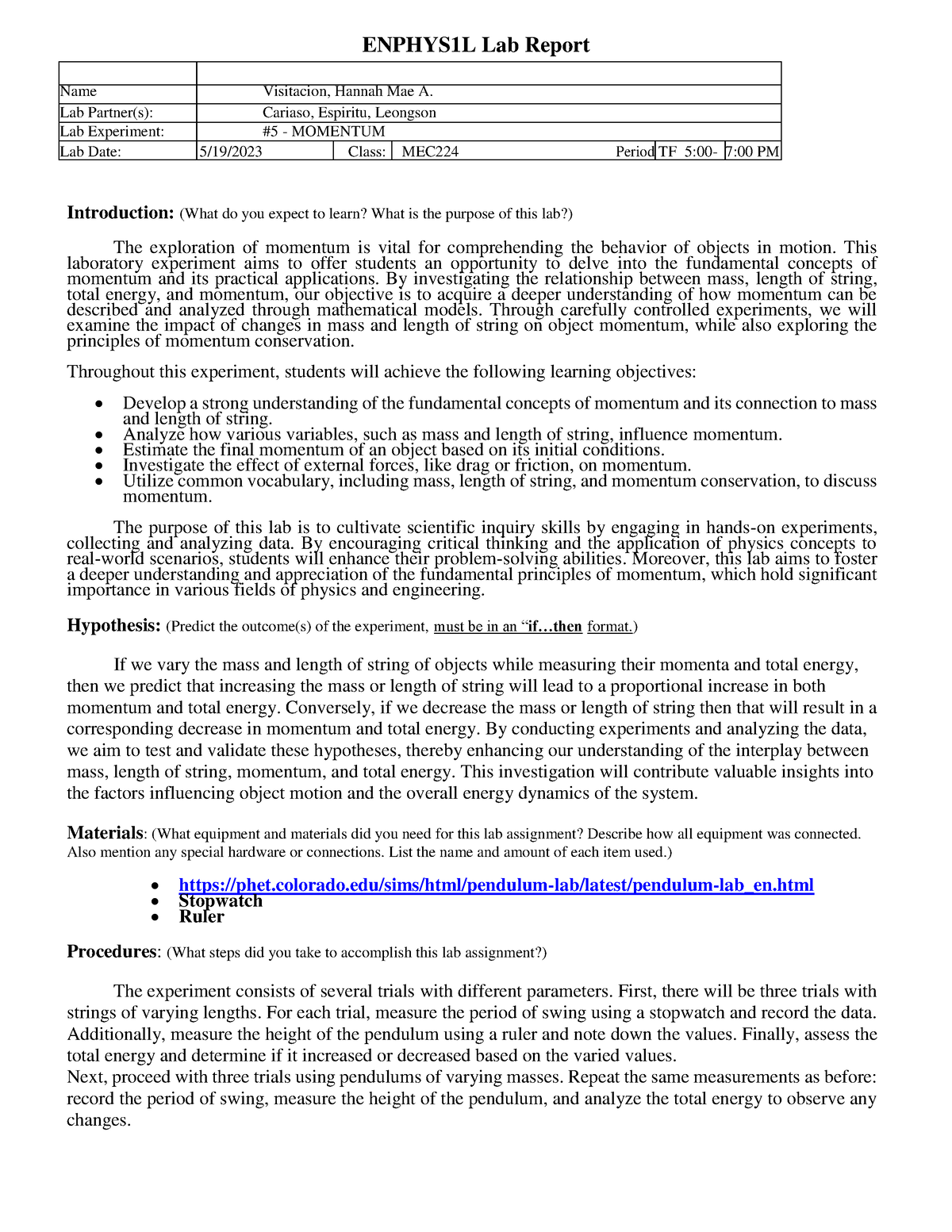 Momentum Seatwork - ENPHYS1L Lab Report Name Visitacion, Hannah Mae A ...