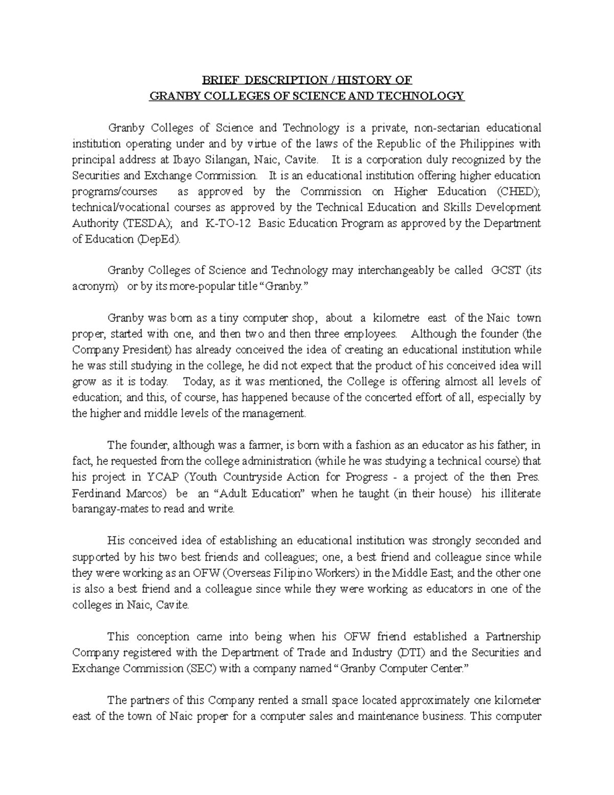 GVAL1 Psychology BRIEF DESCRIPTION / HISTORY OF