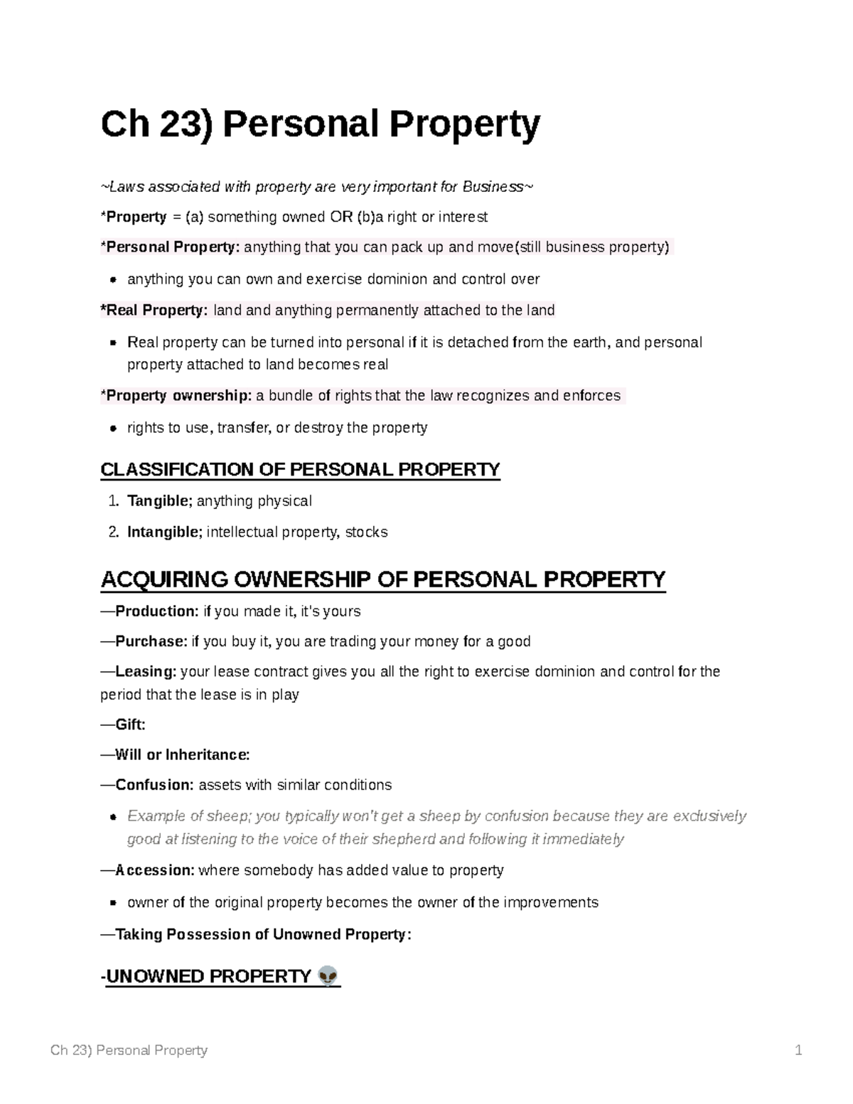 Class and Book Notes chapter 23 (Personal Property) Ch 23) Personal