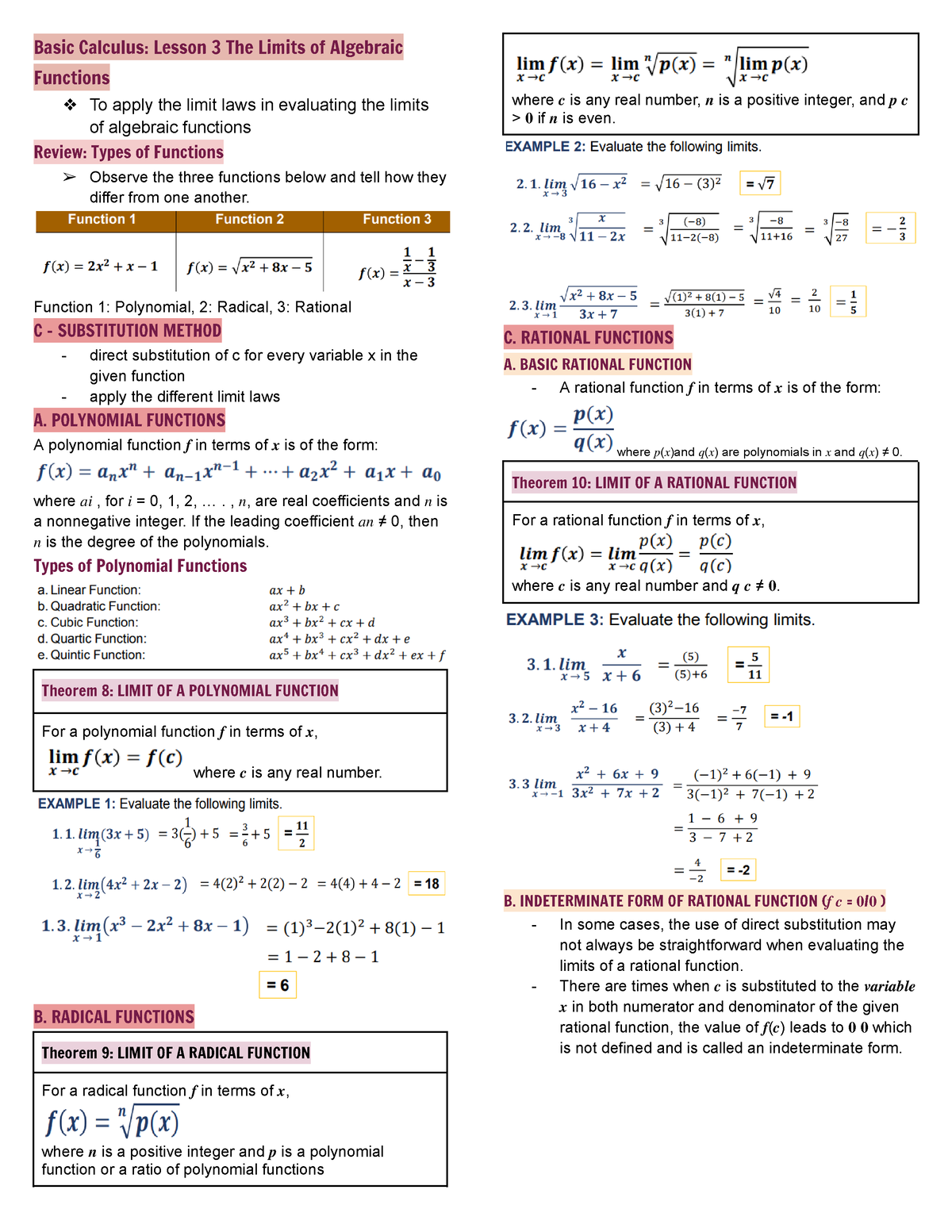 Basic Calculus- Lesson 3 The Limits of Algebraic Functions - Function 1 ...