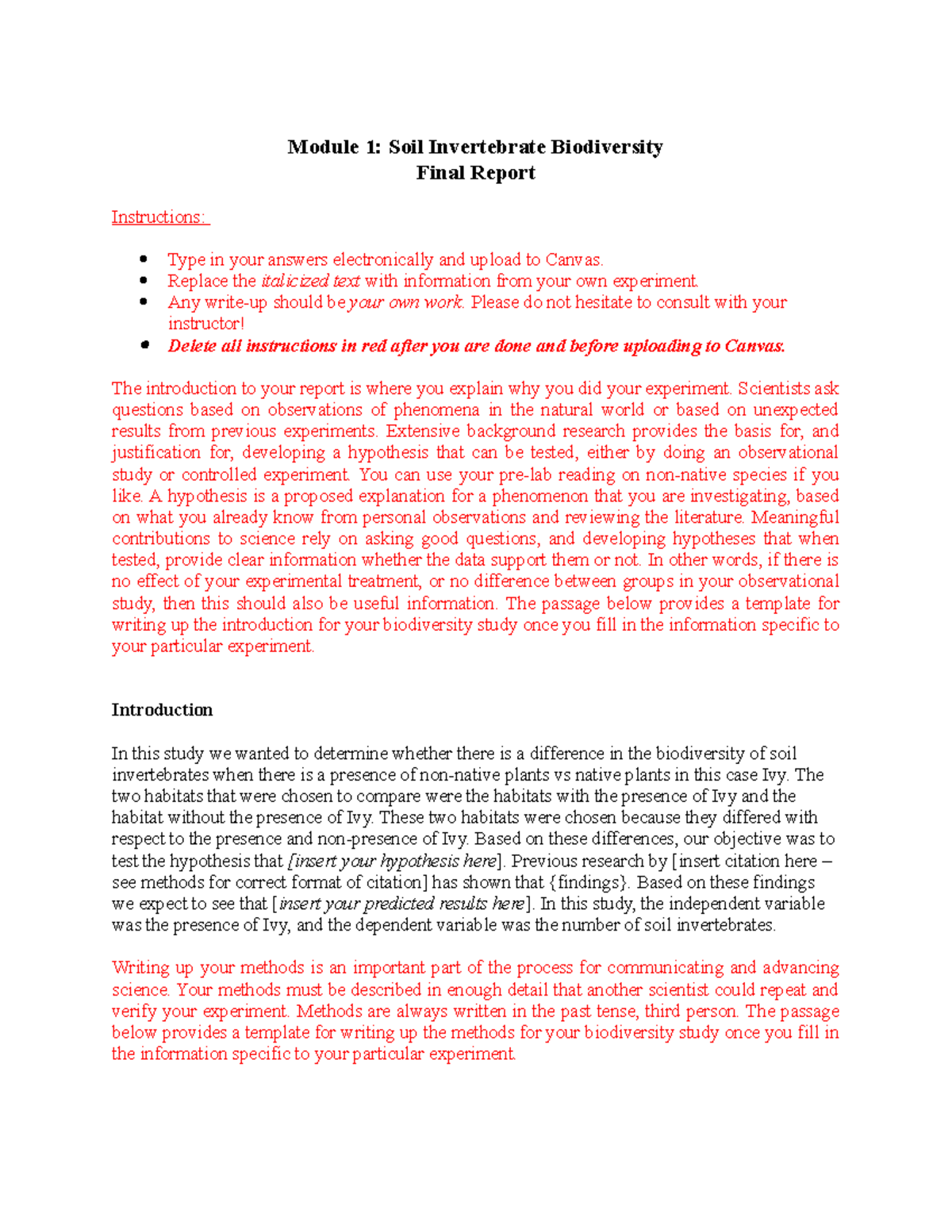 biodiversity experiment lab report