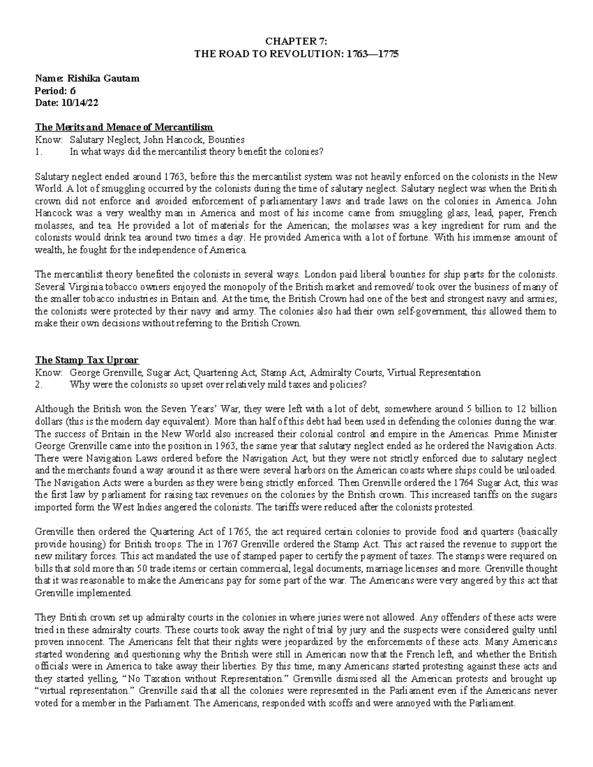 Chapter 7 Study Qs short 2022 - CHAPTER 7: THE ROAD TO REVOLUTION: 1763 ...