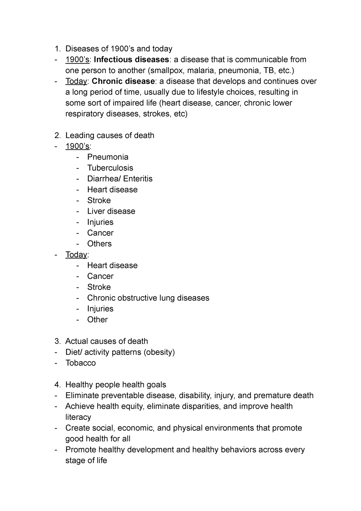 PUBH 101 Midterm 1 Study Guide - Diseases Of 1900’s And Today 1900’s ...