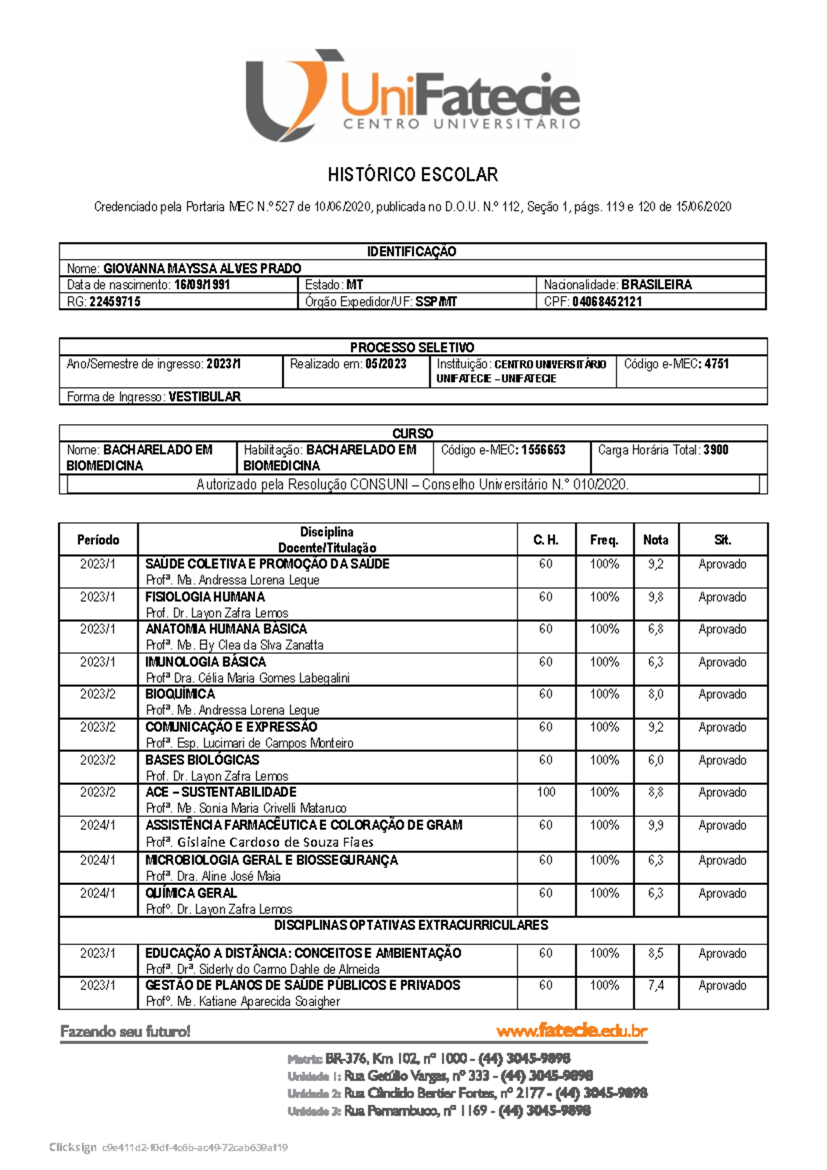 Biomedicina.docx - Clicksign - HISTÓRICO ESCOLAR Credenciado pela ...