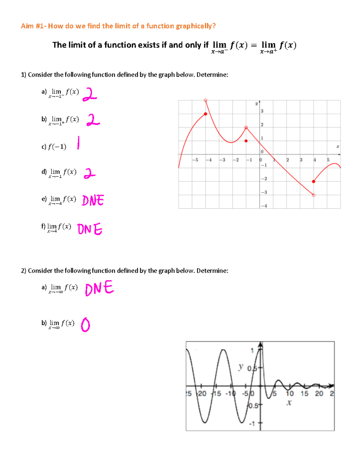 01 Limits Graphically - Calc - Aim #1- How do we find the limit of a ...