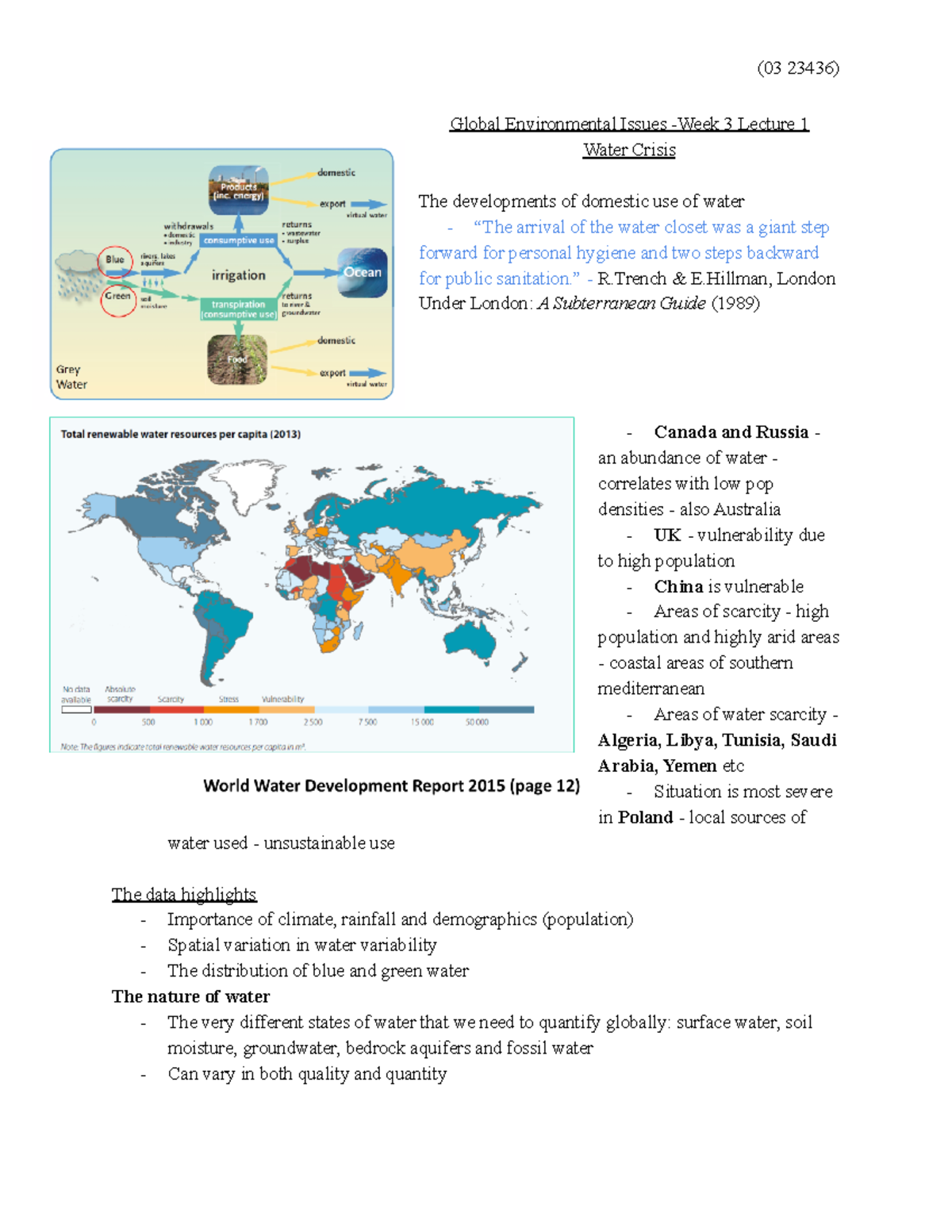 GEI - Water - Lecture notes - Global Environmental Issues -Week 3 ...