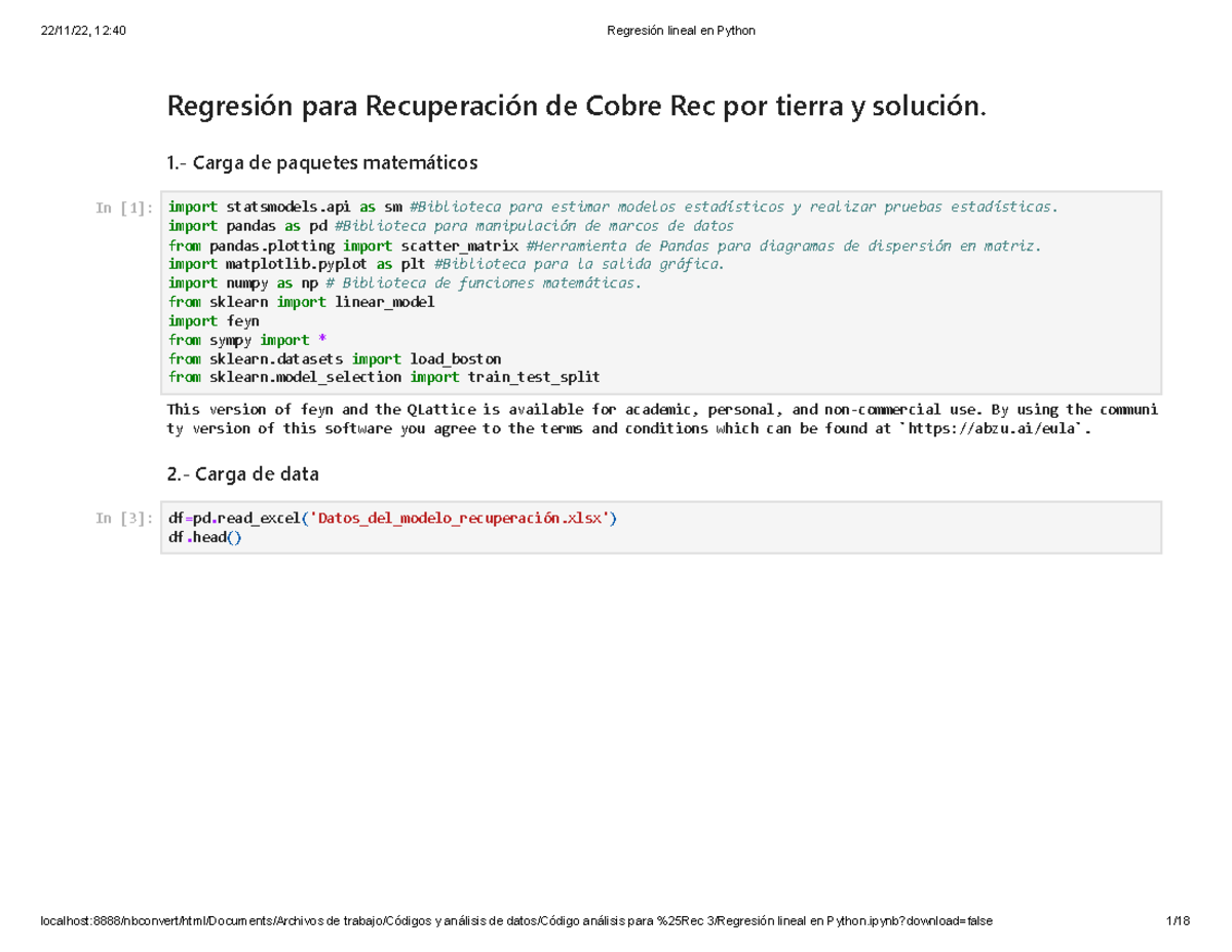 Regresión lineal en Python - Regresión para Recuperación de Cobre Rec ...