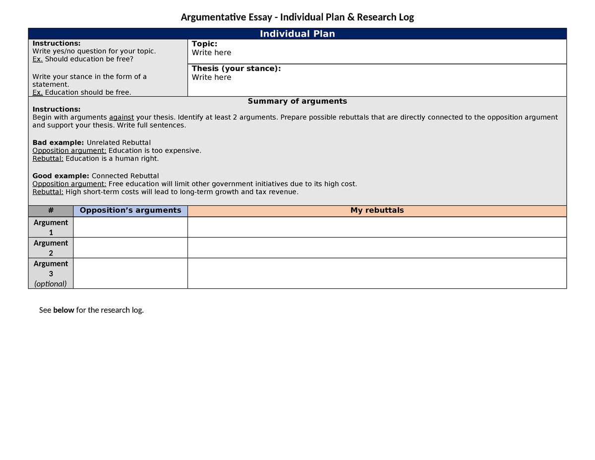 Argumentative Essay - Individual Plan & Research Log - Ex. Should ...