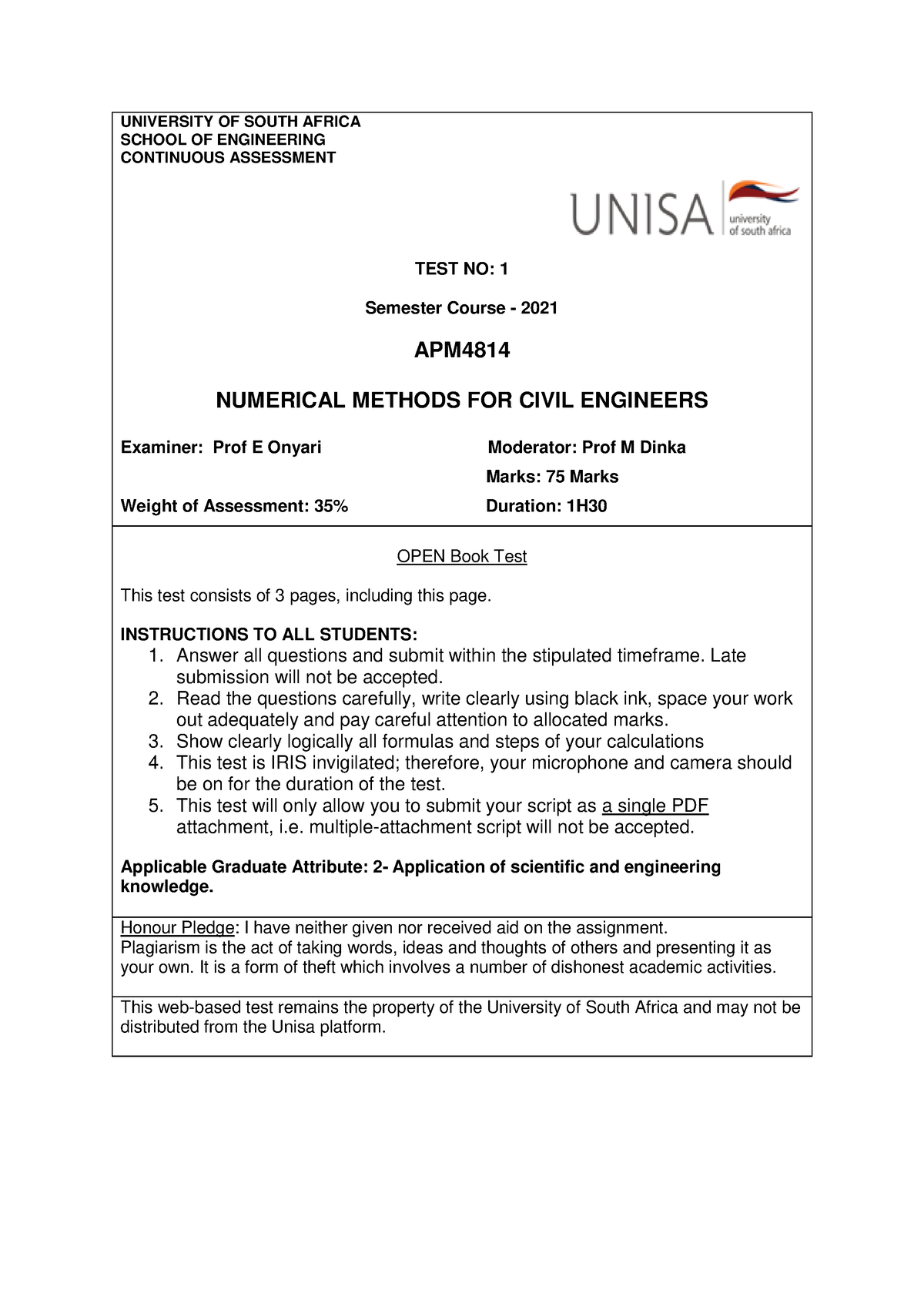 APM4814 Major Test 1 - Exam - UNIVERSITY OF SOUTH AFRICA SCHOOL OF ...