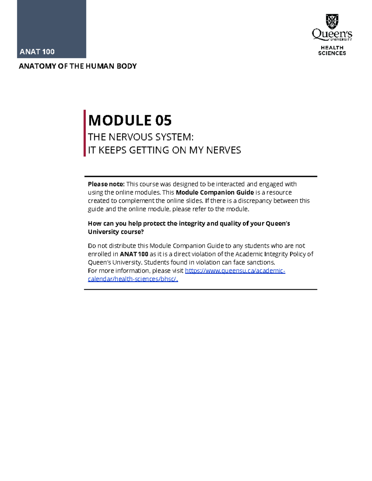 Module 5 of anat 100 - oiw MODULE 05 THE NERVOUS SYSTEM: IT KEEPS ...