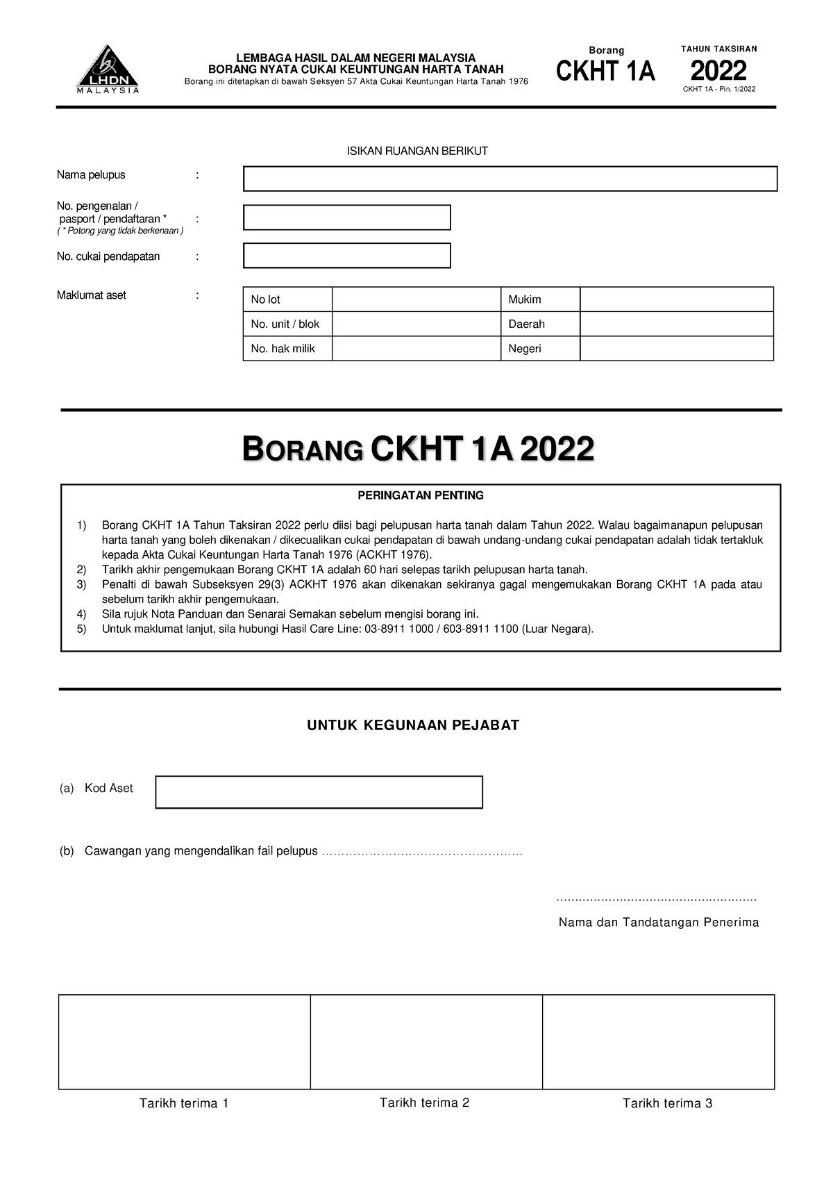 CKHT 1A Pin1 2022 Forms (a) Kod Aset (b) Cawangan yang
