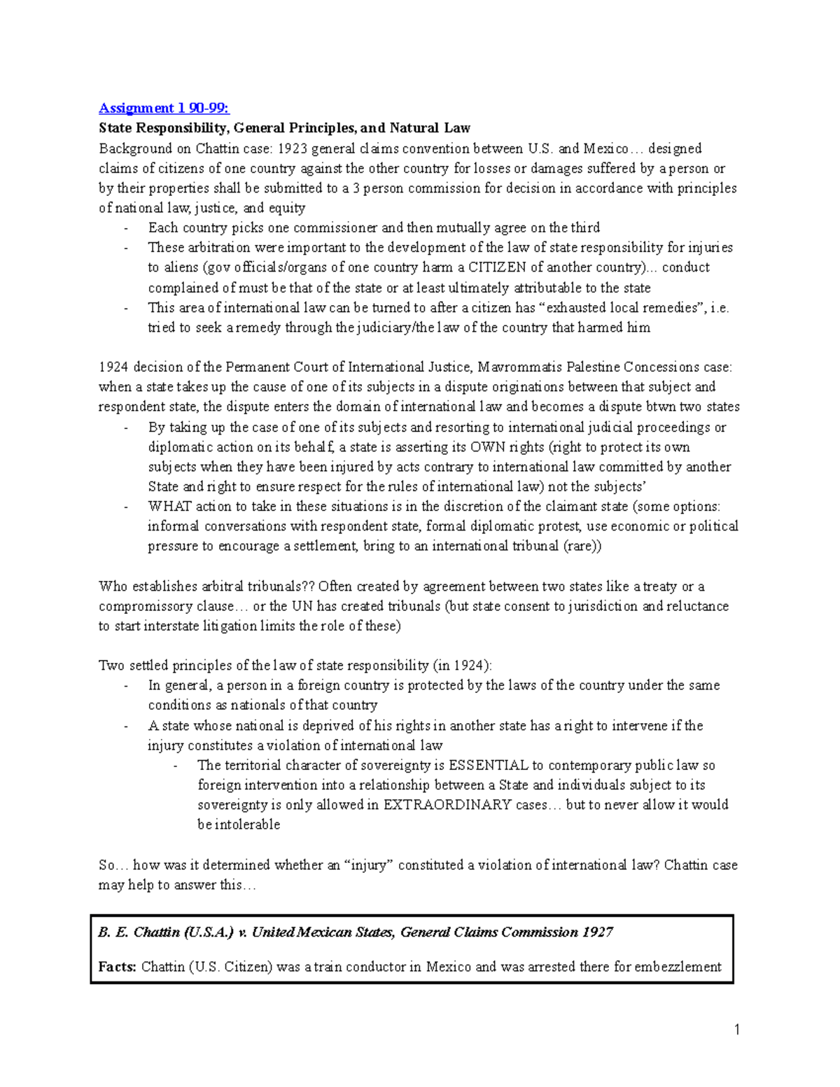 Human Rights Notes - Assignment 1 90-99: State Responsibility, General ...