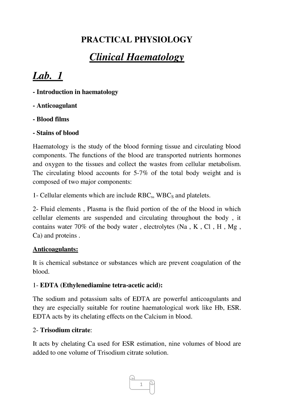 Clinical Haematology - PRACTICAL PHYSIOLOGY Clinical Haematology Lab. 1 ...