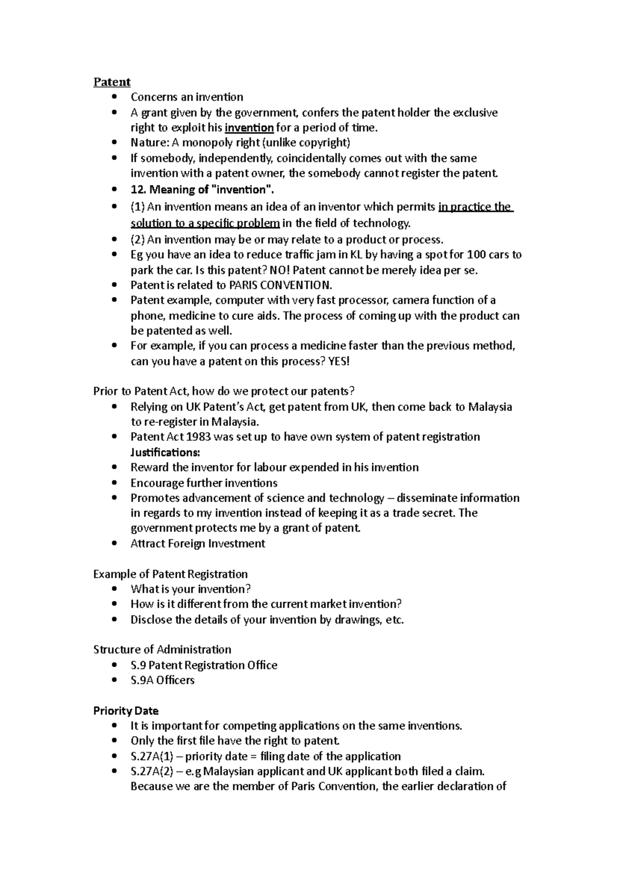 Patent - Summary Intellectual Property - Patent Concerns an invention A ...