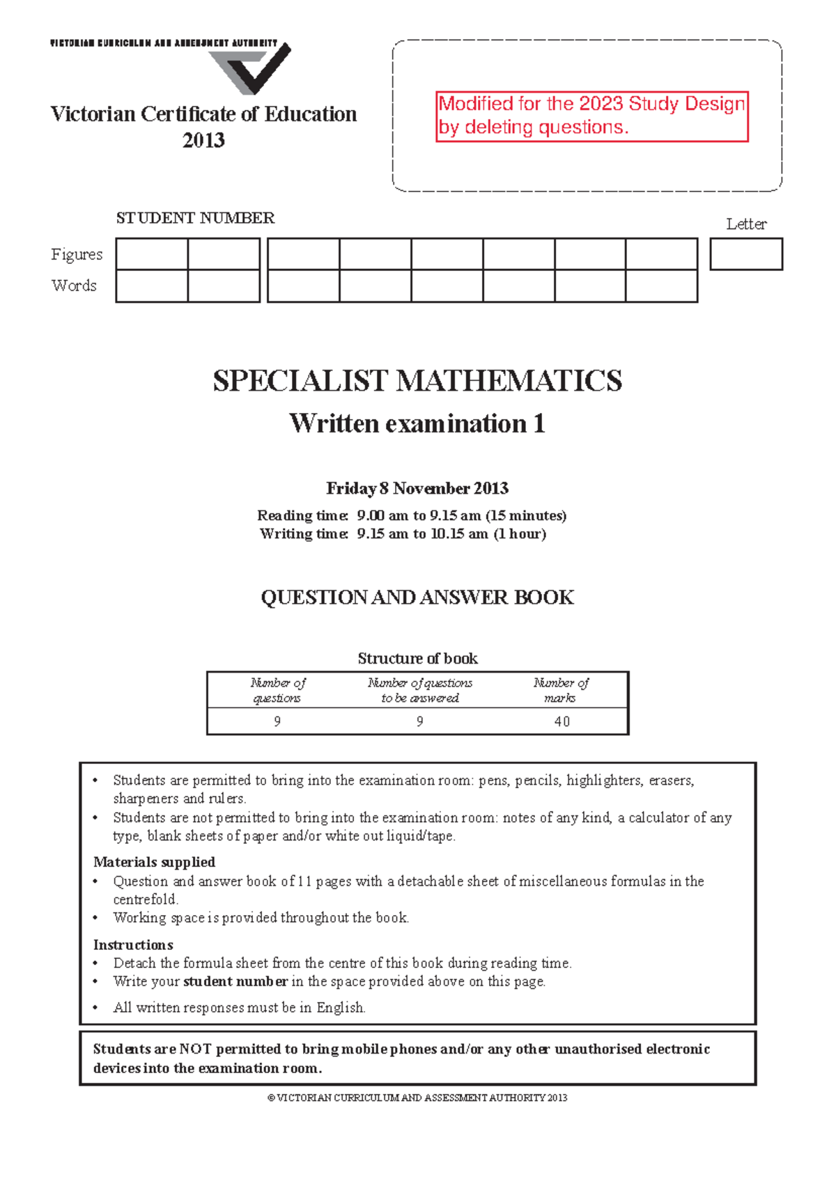 2013 VCAA SM Exam 1 (modified for 2023 SD) - Figures Words STUDENT ...