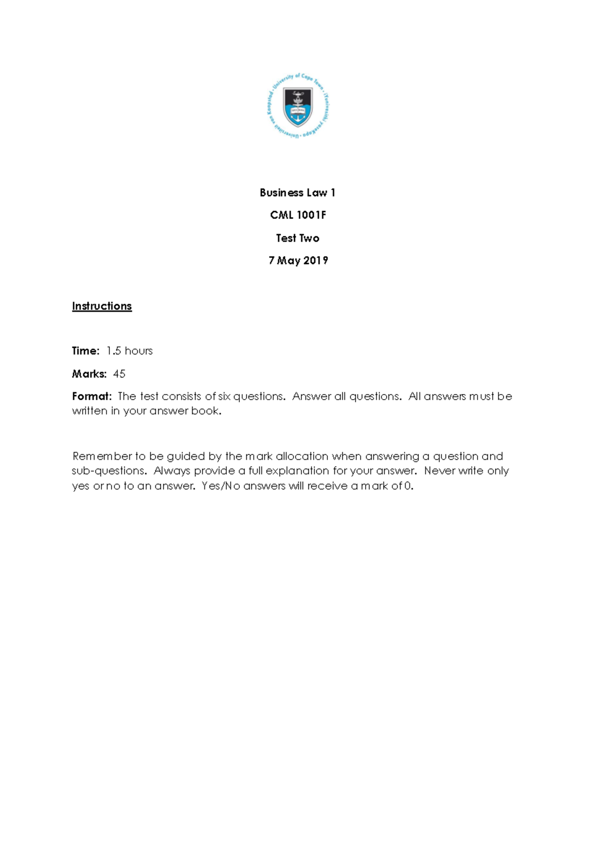 CML1001 TEST 2 2019 - Business Law 1 CML 1001F Test Two 7 May 2019 ...
