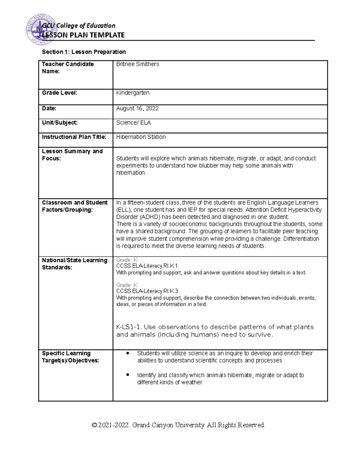 460Benchmark 2 - benchmark lesson - LESSON PLAN TEMPLATE Section 1 ...