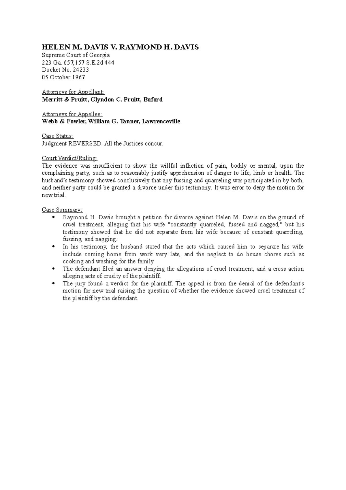 Written Assessment - Sample case brief for US cases - HELEN M. DAVIS V ...
