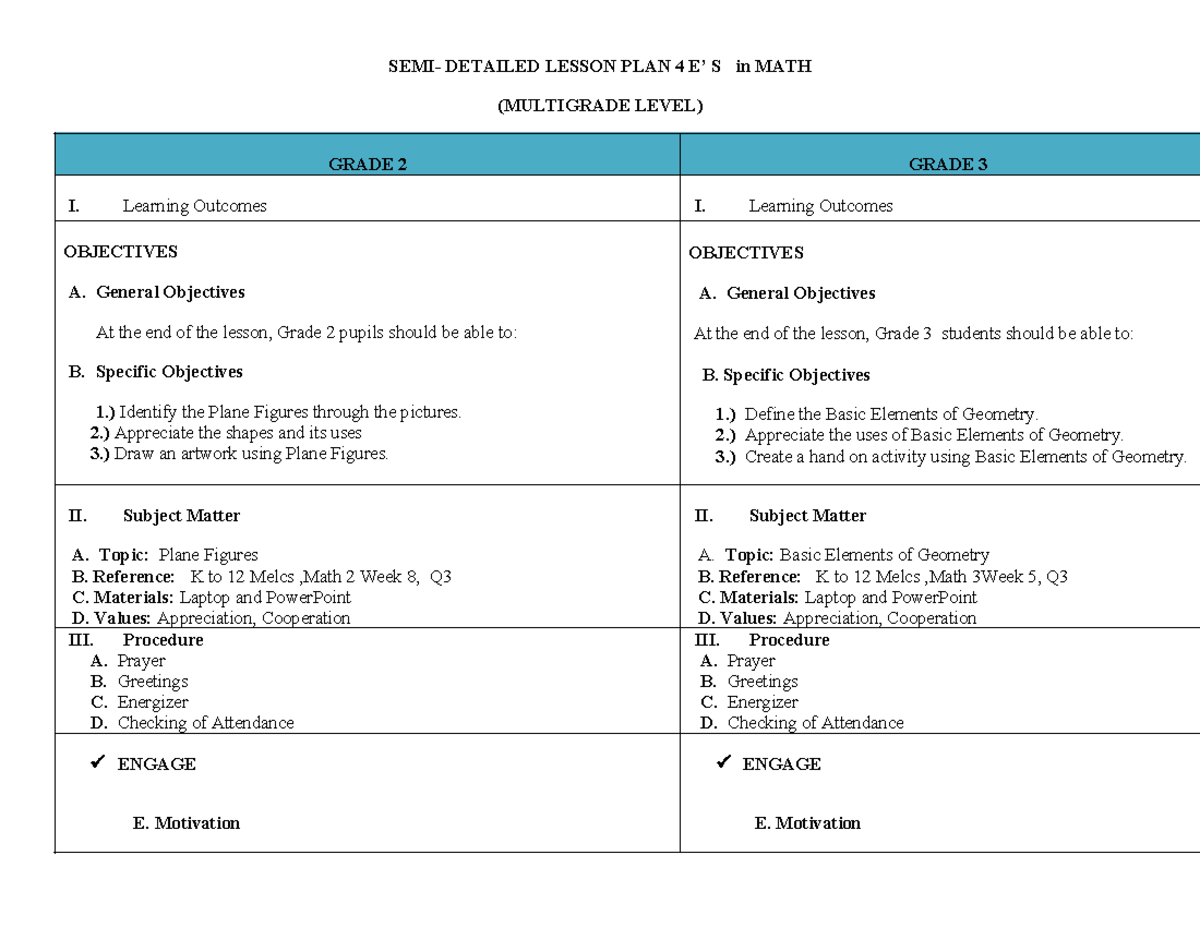 SEMI Detailed Lesson PLAN 4 ES in MATH Multigrade Level - SEMI ...