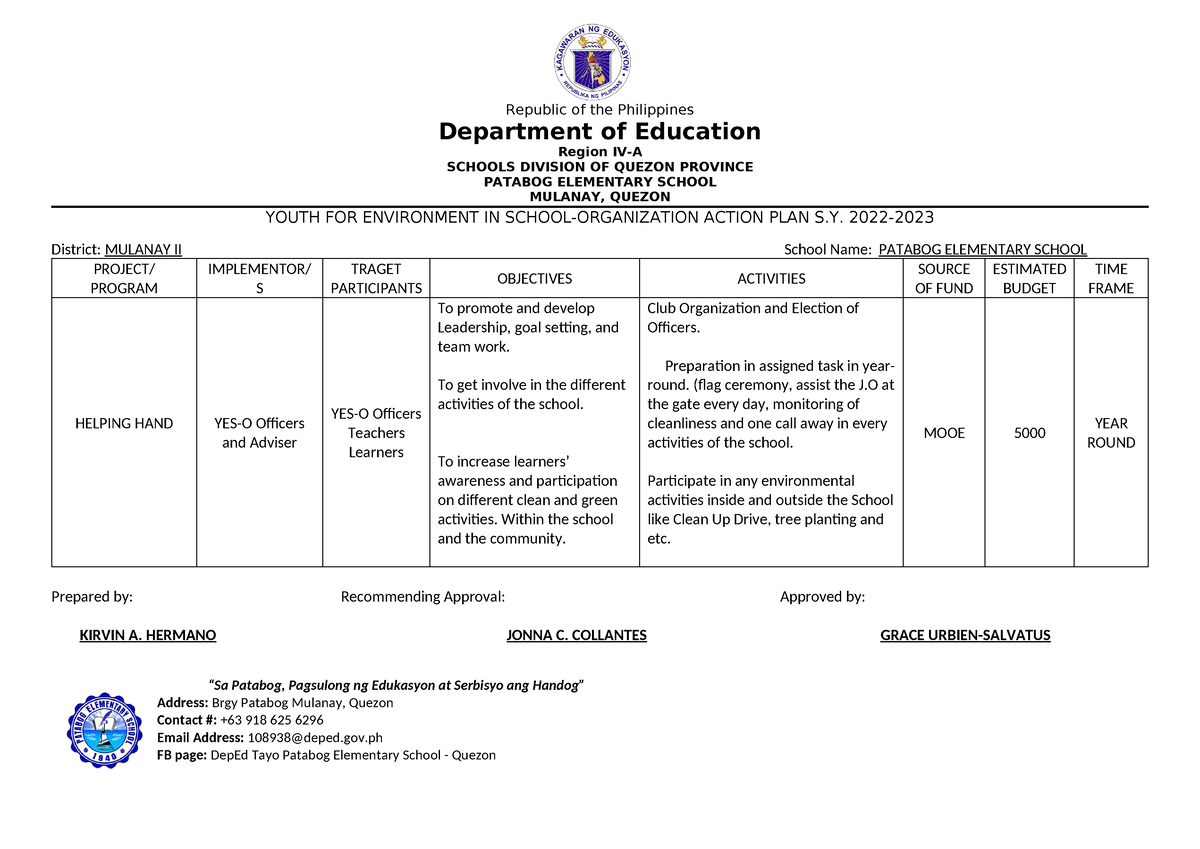 Action PLAN - “Sa Patabog, Pagsulong ng Edukasyon at Serbisyo ang ...